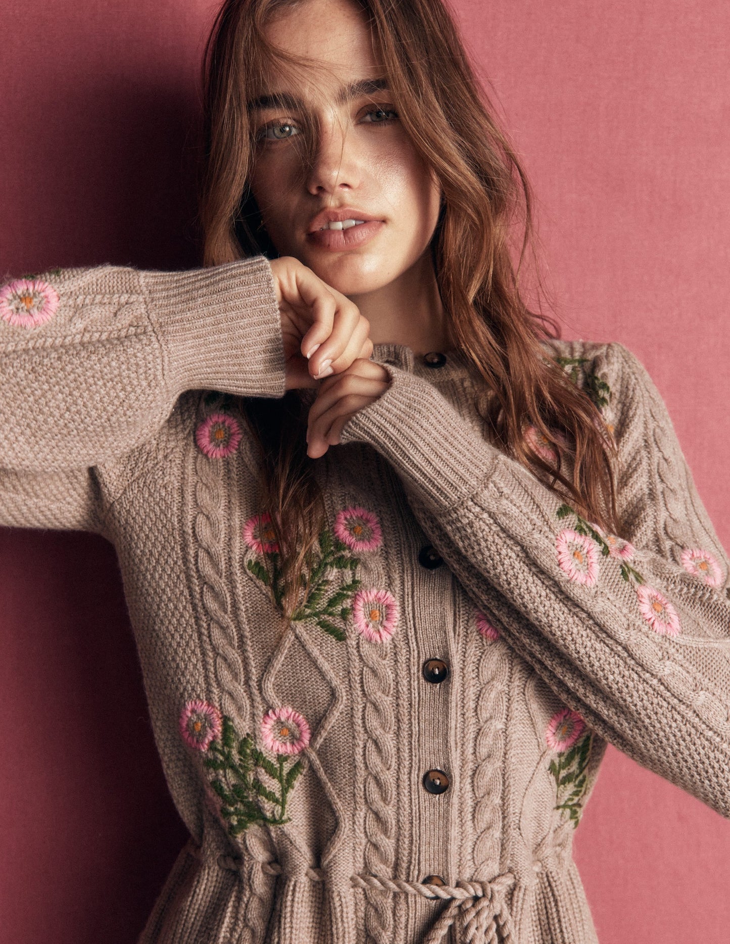 Cable Knitted Cardigan-Mink Melange, Embroidery