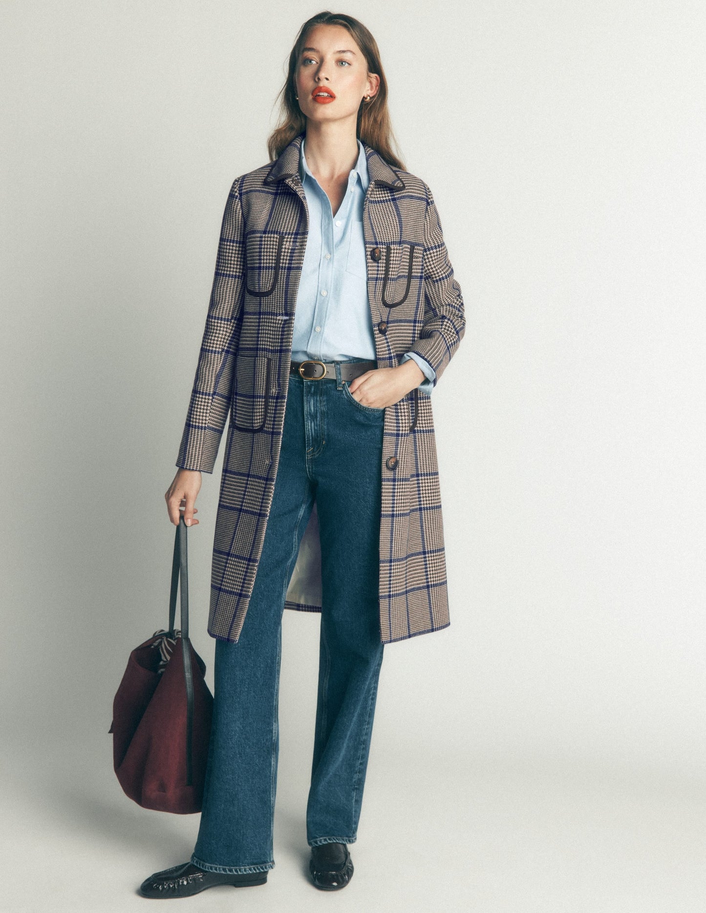 Patch Pocket Wool Blend Coat-Maroon, Teal Prince of Wales